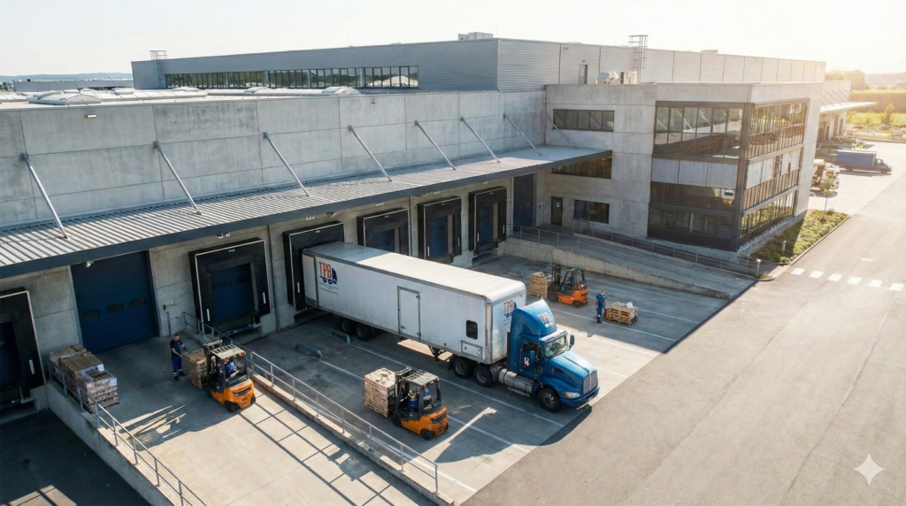 Camión Kenworth azul de Transportes Personalizados del Bajío (TPB) en muelle de carga industrial con personal logístico y montacargas bajo luz de día.