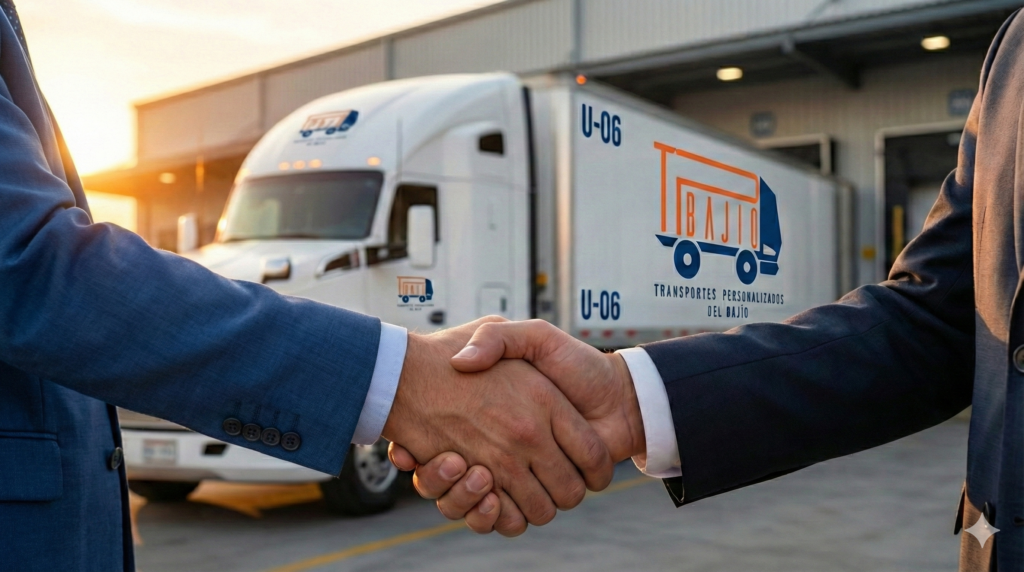 Primer plano de un apretón de manos profesional entre dos empresarios con un camión Kenworth blanco de TPB en un muelle de carga moderno al fondo