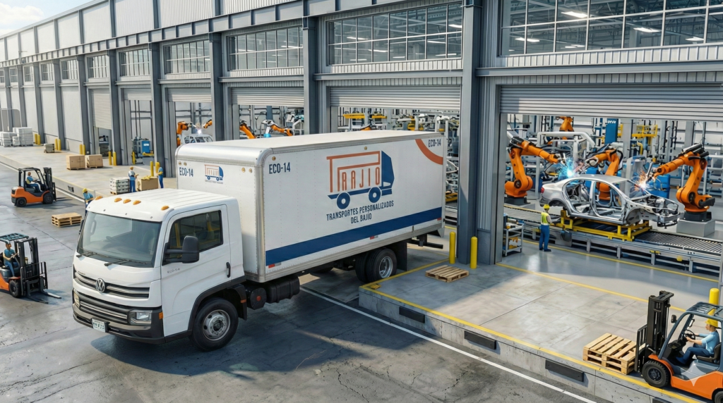 Camión de reparto Volkswagen de TPB Transportes Personalizados del Bajío estacionado en el muelle de carga de una moderna planta de ensamblaje automotriz con robots soldando chasis.