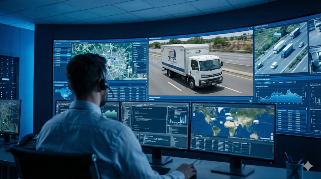 Operador logístico en centro de control de alta tecnología monitoreando en tiempo real un camión de Transportes Personalizados del Bajío (TPB) mediante GPS y telemetría