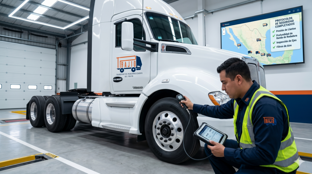 Inspector técnico de TPB realizando revisión de presión y desgaste de neumáticos en un tractocamión Kenworth blanco dentro de un centro de mantenimiento logístico moderno