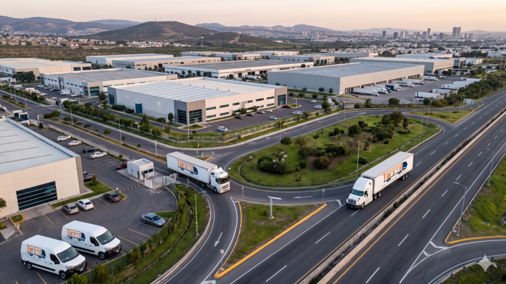 Fotografía aérea de un gran parque industrial en la región de El Bajío, México, con camiones de Transportes Personalizados del Bajío (TPB) saliendo del complejo e ingresando a una autopista moderna para demostrar la conectividad regional