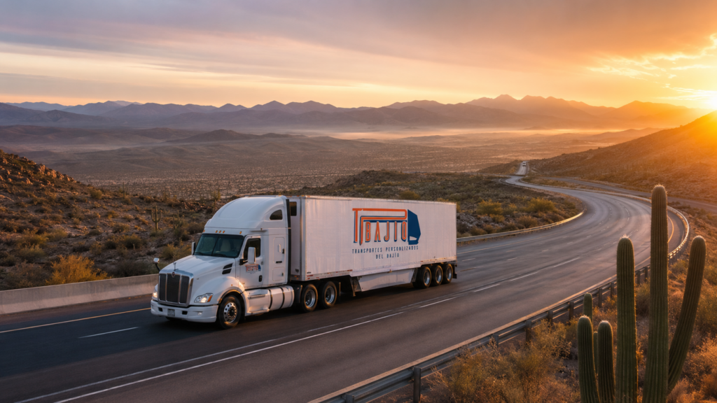 Tractocamión blanco de TP Bajío Transportes Personalizados del Bajío recorriendo una autopista en el norte de México al amanecer, representando servicios de transporte de carga terrestre y logística nacional.