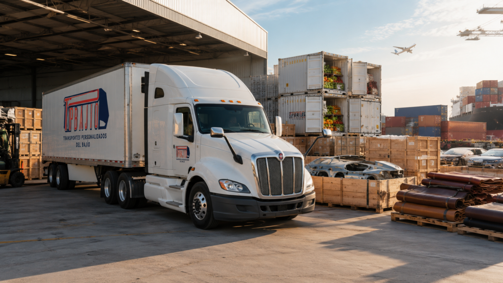 Tractocamión blanco de TP Bajío Transportes Personalizados del Bajío estacionado en una terminal multimodal de exportación en México, rodeado de autopartes, productos agrícolas y mercancías listas para transporte nacional e internacional.