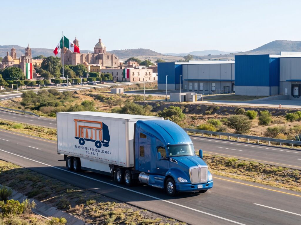 Tráiler azul de Transportes Personalizados del Bajío (TPB) con caja blanca rotulada circulando por una carretera en Guanajuato, con centros de distribución e arquitectura colonial de fondo.
